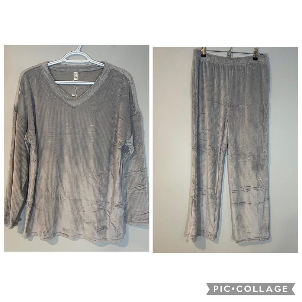 HEARTNICE Women's Gray Ribbed Velour Loungewear Pajama Set Sz M V-Neck 2‎ Piece